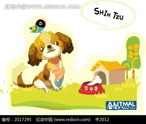 坐在地上 西施犬 动物 鸟 狗屋 骨头 卡通画 卡通人物 卡通人物图片