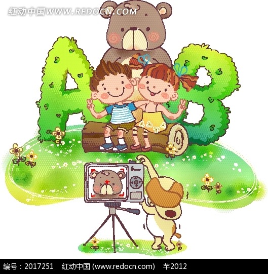帮儿童和熊拍照的狗卡通画