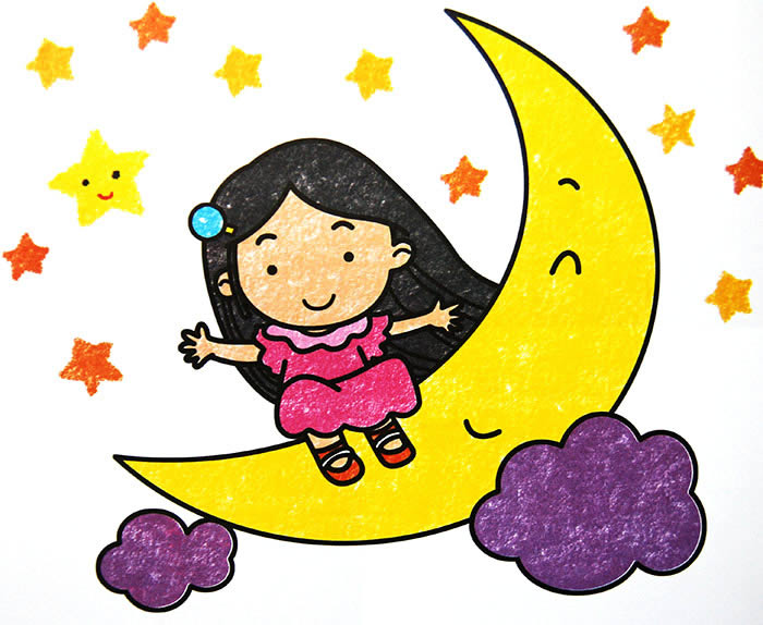 儿童画画 数字油画 月牙上的小女孩儿童画画