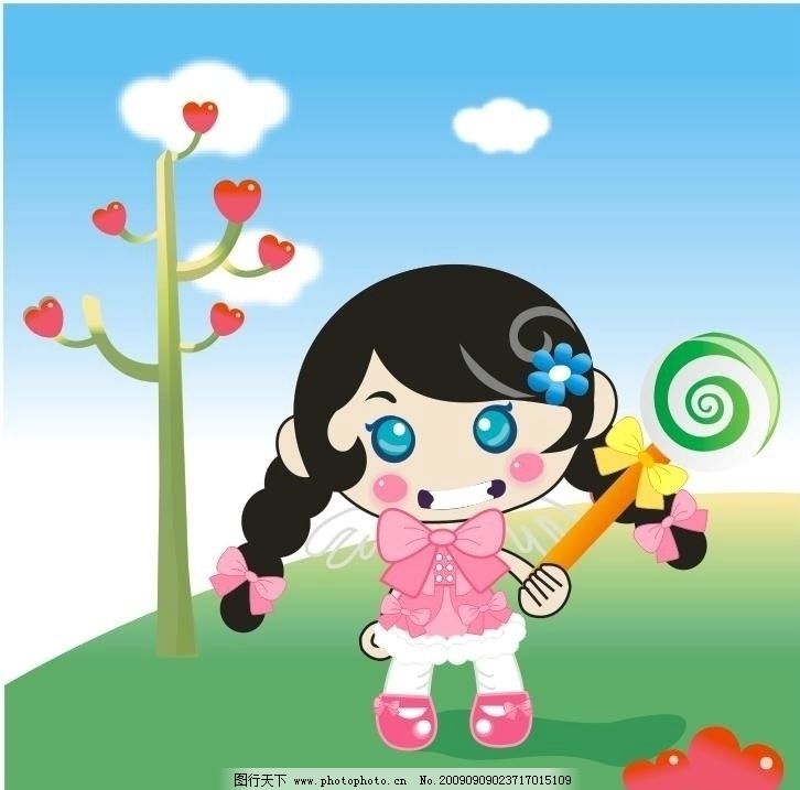 q版卡通女孩 可爱女孩 桃心树 波版糖 妇女女性 矢量人物 cdr