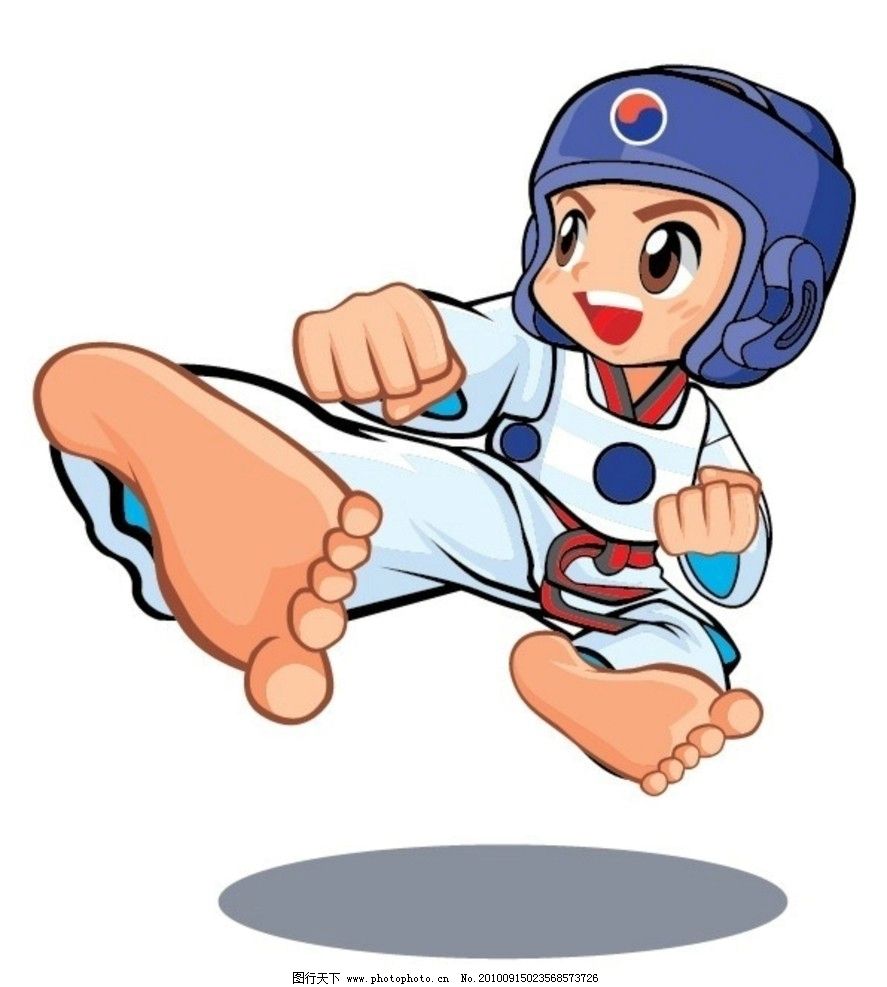 跆拳道男孩 跆拳道 矢量 卡通 小男孩 踢腿 脚丫 韩国 布带 蓝带 儿童