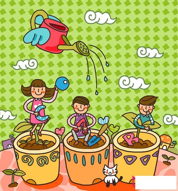 种花的小孩，好看的儿童画图片