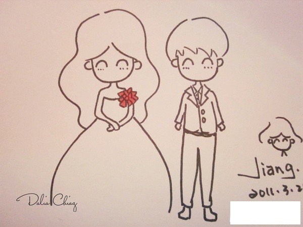 人物结婚简笔画，幸福的新郎新娘