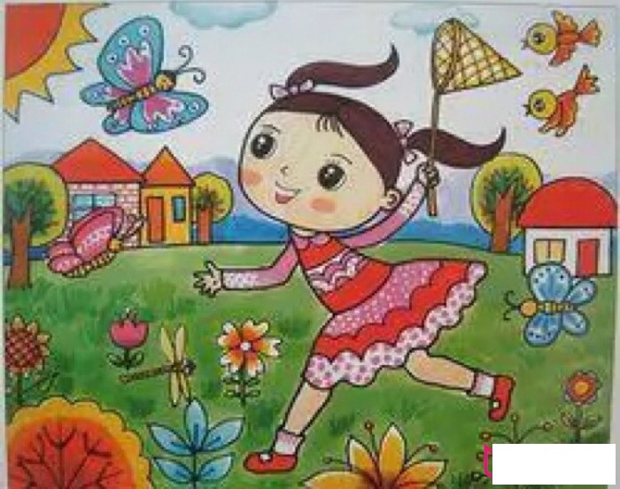 草坪上嬉戏的女孩,抓蝴蝶的女孩儿童画