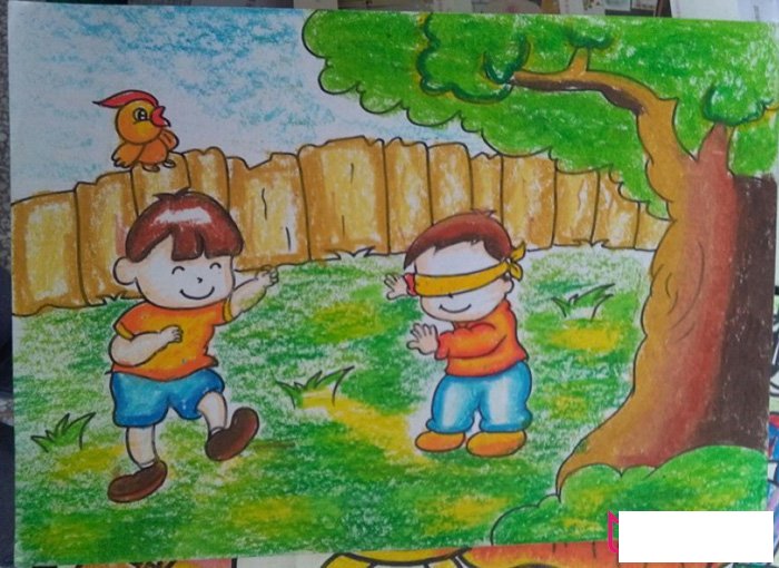 捉迷藏的男孩，春色满溢的儿童画图片