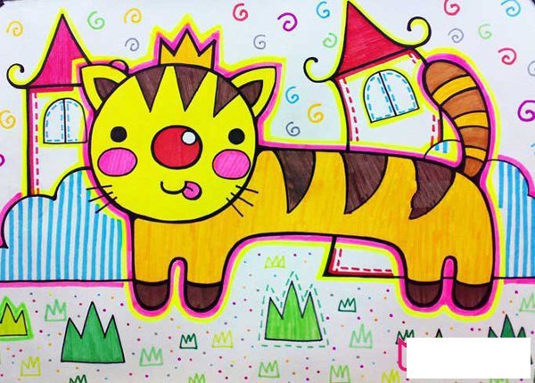 漂亮的儿童画画图片，可爱的小花猫