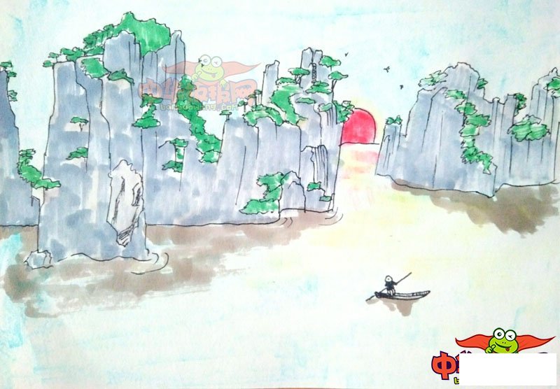 山水风景简笔画带颜色,怎么画山水简笔画