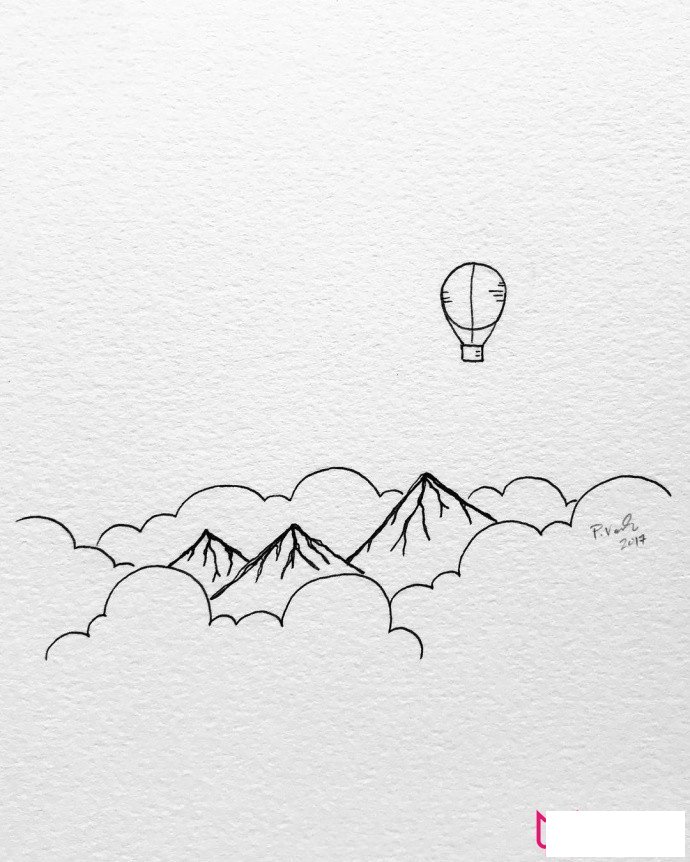 漂亮的风景简笔画,浪漫的热气球