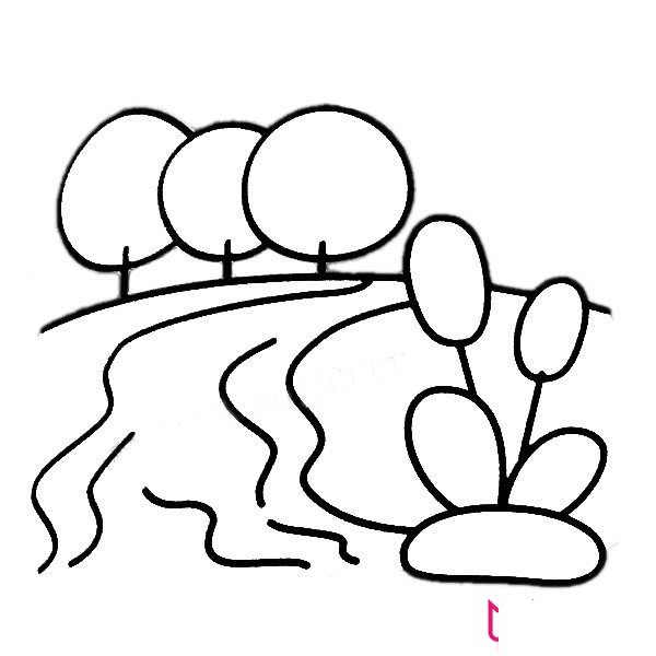 河畔风景简笔画图片，美丽的河畔
