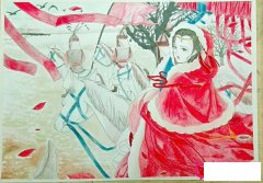 唯美古风儿童画图片，塞上一抹红