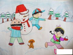 漂亮的冬天儿童画图片，堆雪人