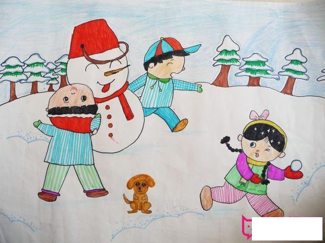 漂亮的冬天儿童画图片，堆雪人