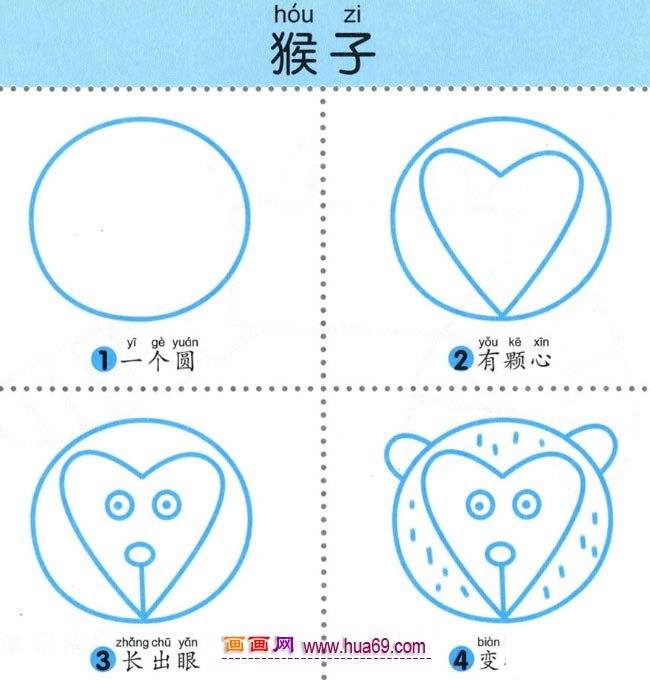 儿童简笔画：四步画猴子头的图解教程