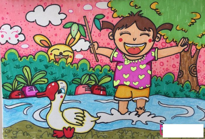 河边嬉戏的小女该儿童画图片