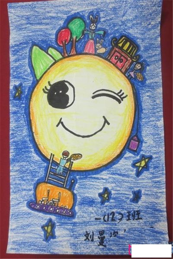 中秋节月亮儿童画,我给嫦娥送月饼