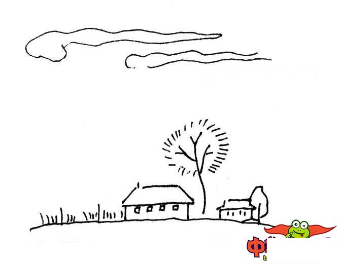 简单而又漂亮的风景简笔画,宁静的村庄