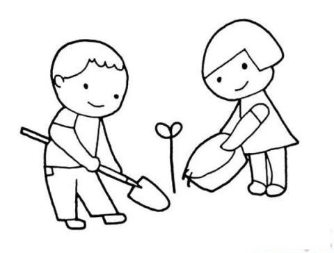 儿童植树节简笔画图片:浇水种树