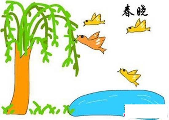 幼儿简笔画:池塘边的柳树小鸟飞