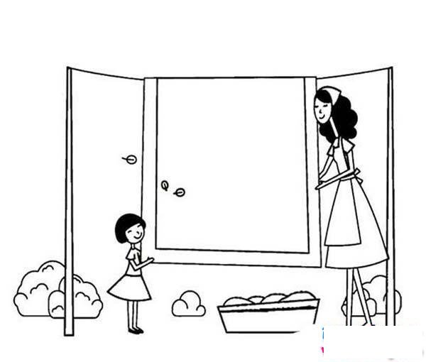 3.8妇女节情景简笔画图片:我帮妈妈晒被子