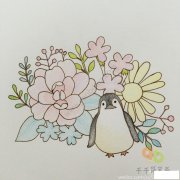 站在花丛中的小企鹅儿童画