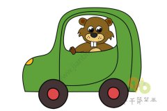 松鼠的绿色小轿车简笔画 车里装着满满的果实