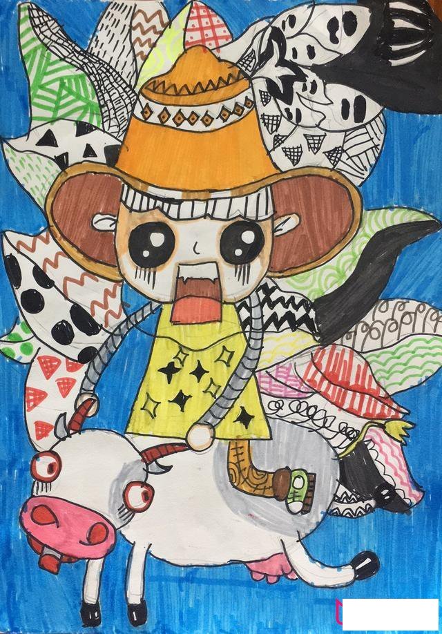 创意儿童画图片，骑牛的小男孩