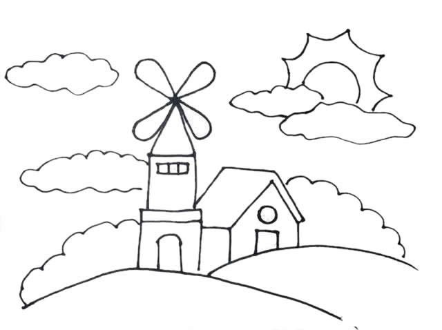 山顶风车风景简笔画