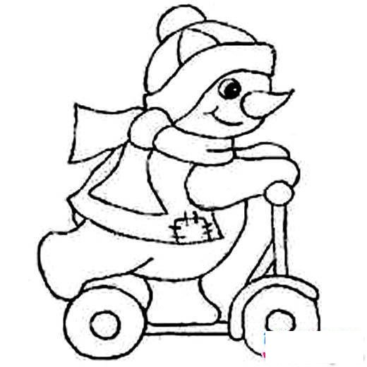 卡通可爱雪人简笔画:踩滑轮车的雪人