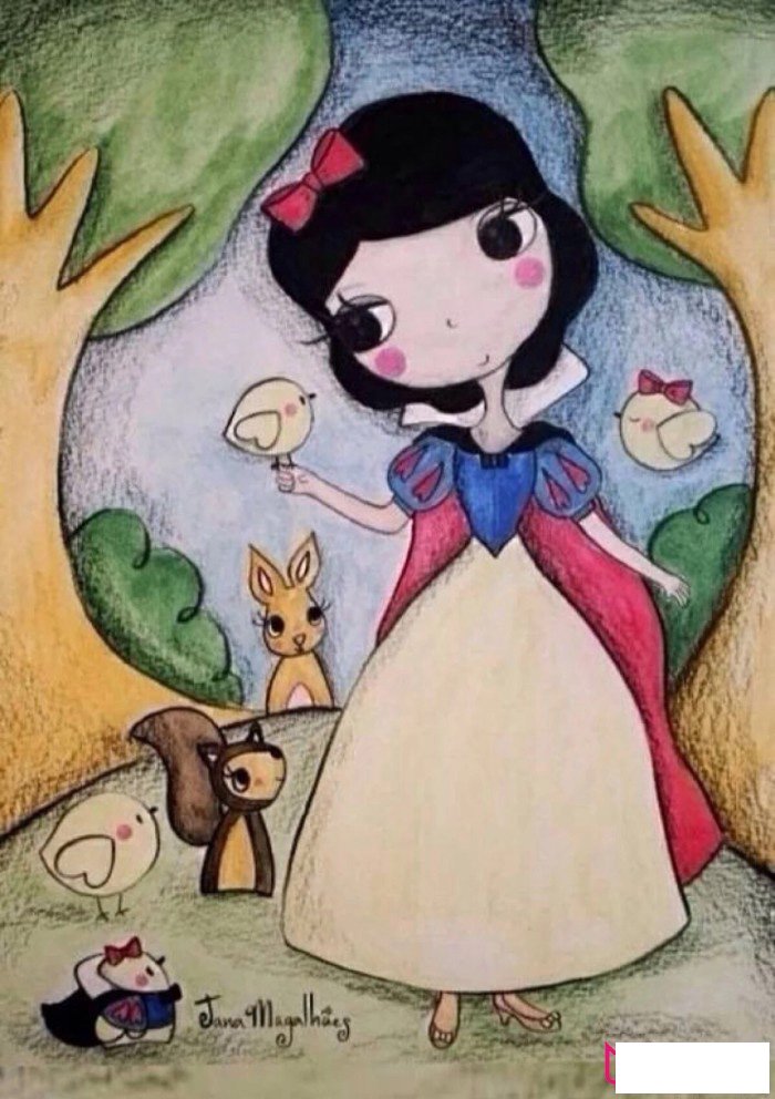 白雪公主与森林里的小动物儿童画图片