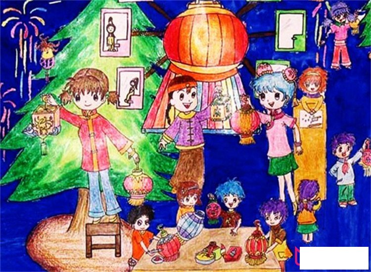 迎新年的儿童画，放烟花儿童画过新年