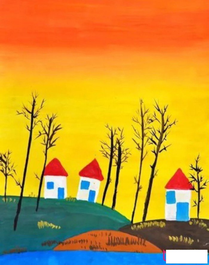 漂亮的风景儿童画,晚霞中的小房子儿童画图片