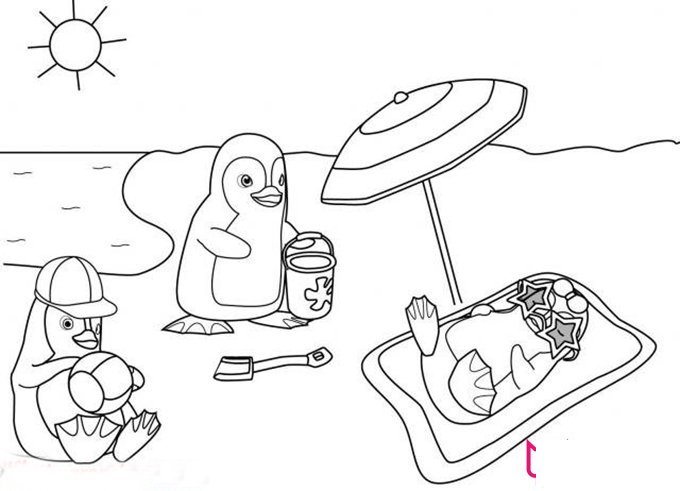 风景简笔画图片，三只小企鹅的沙滩之旅