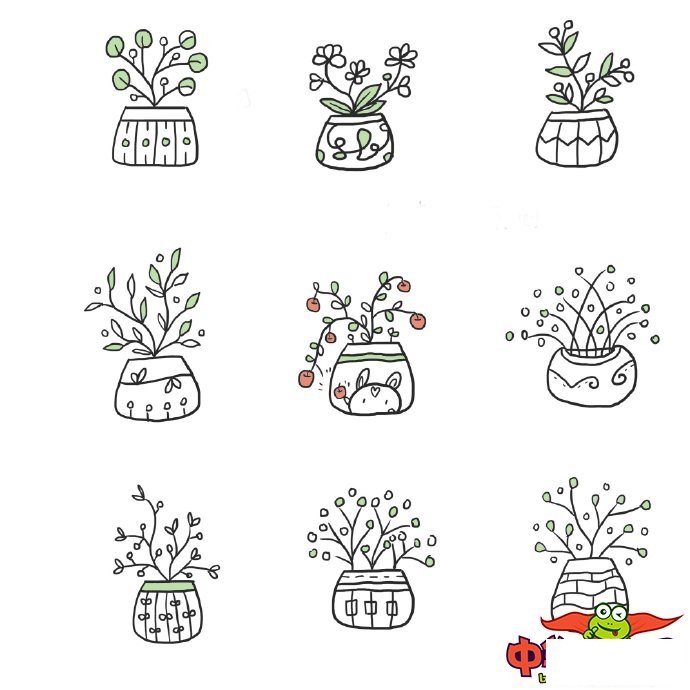 100种盆栽植物简笔画,可爱萌萌小盆栽简笔画