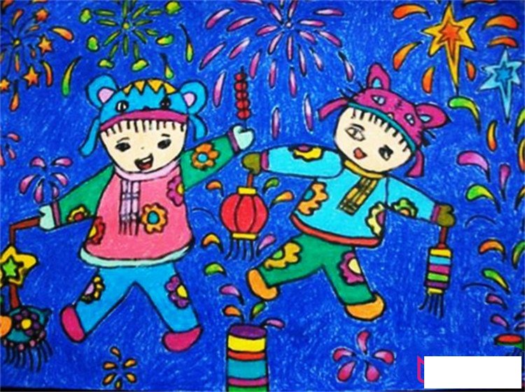 新年为主题的儿童画，新年放鞭炮儿童画