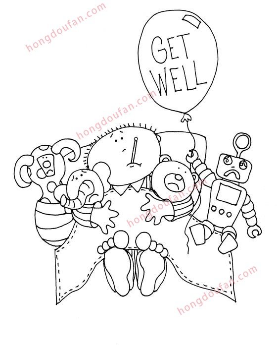 生病感冒发烧的小朋友简笔画 涂色图片 第4张