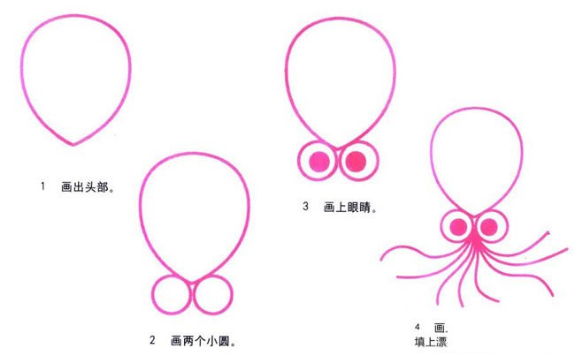 卡通章鱼动物简笔画步骤图片大全
