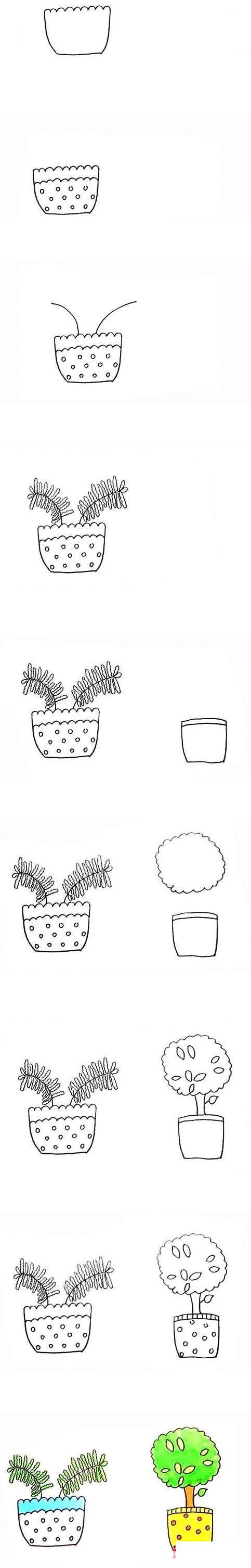 两盆绿色盆栽怎么画简笔画步骤图带颜色
