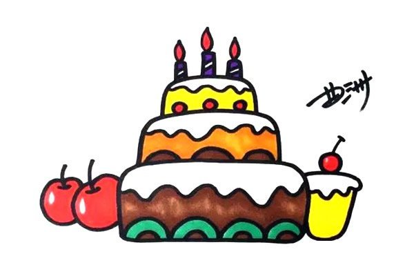 三层生日蛋糕简笔画彩色画法