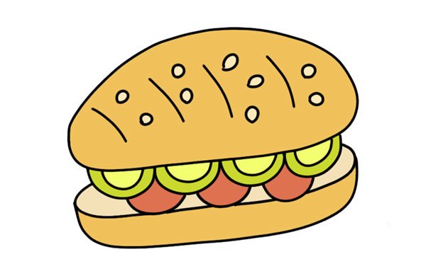 [汉堡简笔画]夹着火腿的汉堡简笔画彩色图片