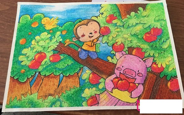 摘苹果的动物，可爱动物的儿童画图片