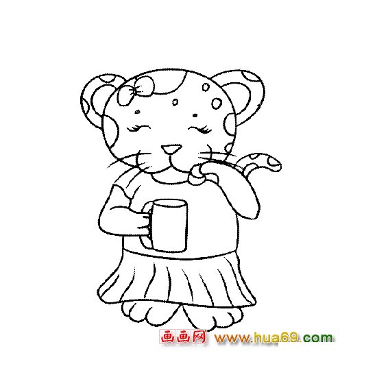 动物简笔画-喝水的豹小姐