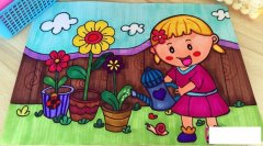 给花朵浇水的小姑娘,儿童画图片