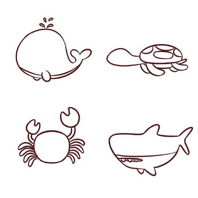 海底世界卡通鲸鱼乌龟螃蟹鲨鱼简笔画