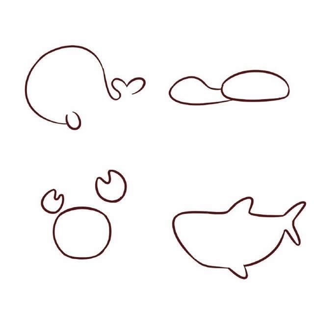 海底世界卡通鲸鱼乌龟螃蟹鲨鱼简笔画