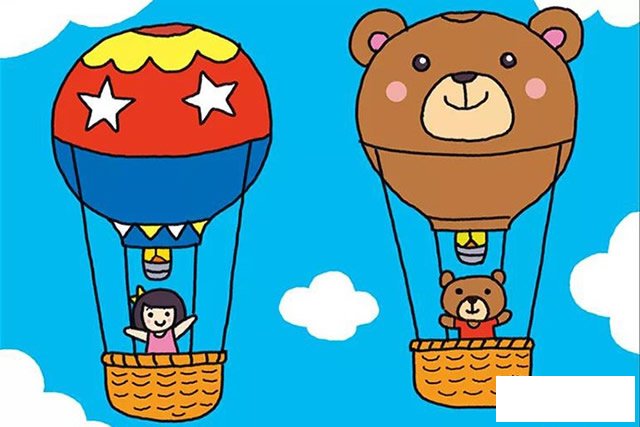 热气球儿童简笔画彩色完成图