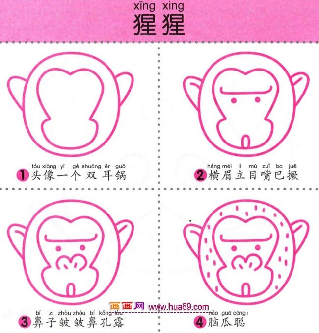 儿童简笔画：四步画猩猩头的图解教程