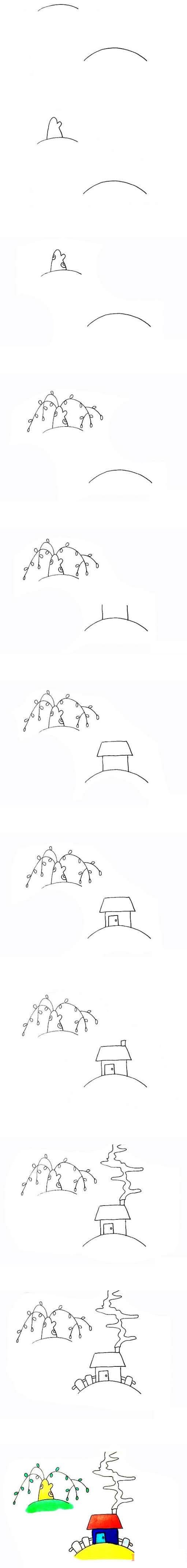 春天景色柳树小屋的画法步骤图带颜色