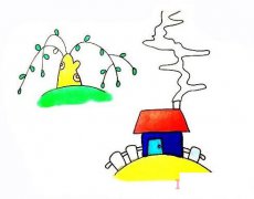 春天景色柳树小屋的画法步骤图带颜色