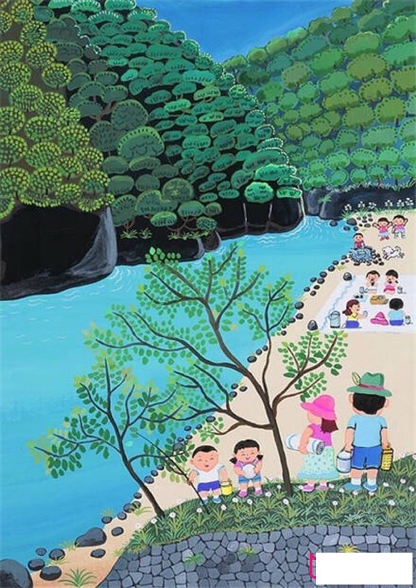踏春野餐风景儿童画，漂亮的儿童画图片