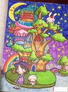 月光下的树木城堡,好看的儿童画图片